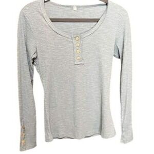 Womens Blue Long Sleeve Top Henley T‎ Shirt Casual Button Ribbed Knit Blouse